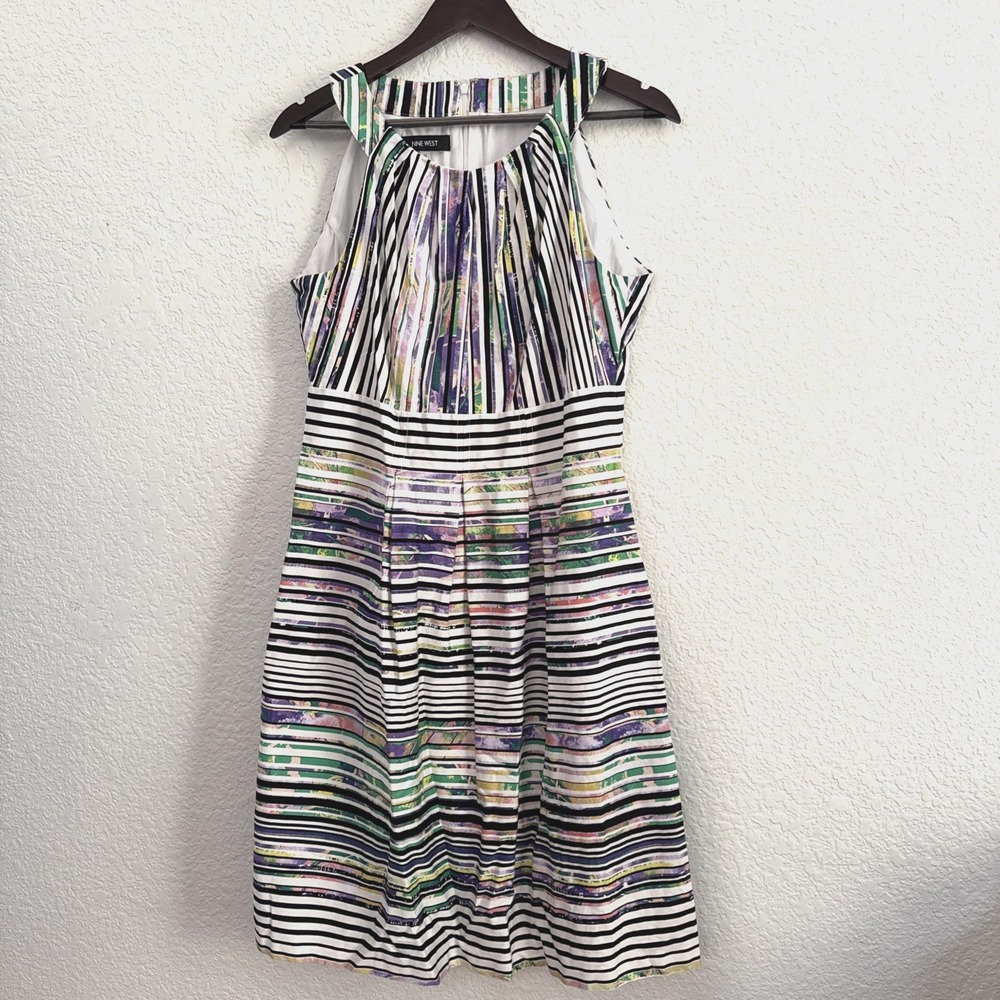 Nine West Multi Color Striped Floral Sleeveless Dress Women's Size 10